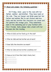 English Worksheet: reading text about food
