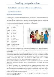 English Worksheet: Reading comprehension: mobile phones + Facebook