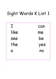 English Worksheet: Sight Words K List 1