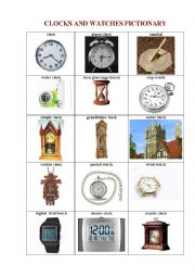 English Worksheet: Clocks and Watches Pictionary