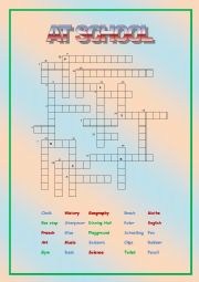 English Worksheet: Crossword: school supplies, subjects and places (with key)