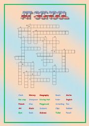 English Worksheet: Crossword: school supplies, subjects and places (with key)