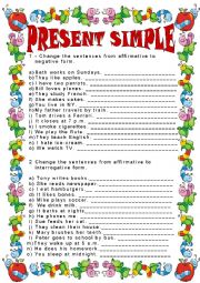 English Worksheet: PRESENT SIMPLE - NEGATIVE AND INTERROGATIVE FORMS - EDITABLE