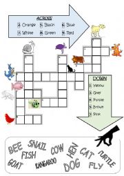 English Worksheet: 2. Crosswords (animals and colours)