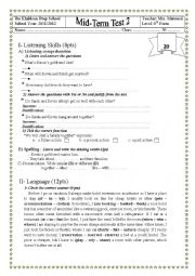 English Worksheet: MID TERM TEST 3 8TH FORM