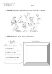 English Worksheet: test 2nd grade toys and parts of the house