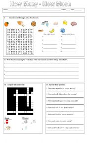 English Worksheet: how many and how much 