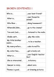 English Worksheet: Broken Sentences