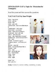 English Worksheet: Nagging (a poem with questions to discuss GENERATION GAP problems)