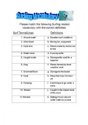 English Worksheet: Surfing Vocabulary Definition Matching