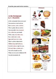 English Worksheet: AT THE RESTAURANT (a poem + a pictionary + exercises)