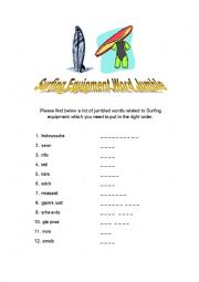 English Worksheet: Surfing Equipment Word Jumble