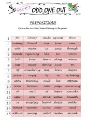 English Worksheet: ODD ONE OUT - Prepositions