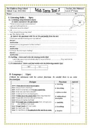 English Worksheet: MID TERM TEST 2 8TH FORM