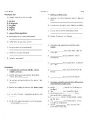 English Worksheet: Adverbs of frecuency - Wh questions - Object Pronouns- Connectors- TEST