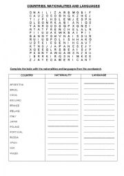English Worksheet: COUNTRIES, NATIONALITIES AND LANGUAGES 