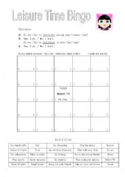 English Worksheet: Leisure Time Bingo