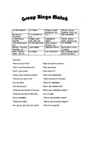 English Worksheet: Group matching bingo