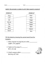 English Worksheet: Animal Homes, Sounds and Young