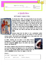 English Worksheet: Test - A Sports Hero : Bethany Hamilton