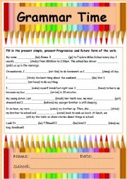 English Worksheet: Present Progressive, Present Simple AND Future