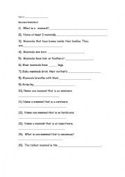 English Worksheet: Mammals