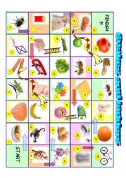 English Worksheet: SNAKES AND LADDERS ; FOOD, ANIMALS, TOYS AND PARTS OF BODY