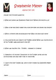 English Worksheet: Stephenie Meyer - About her life - Research Task