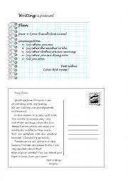 English Worksheet: How to Write a Postcard. Some tips + Example.