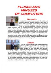 English Worksheet: PLUSES AND MINUSES  OF COMPUTERS