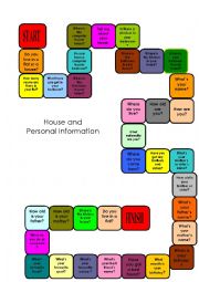 English Worksheet: Board game, Personal Information and house. Useful for Trinity exam, grades 2 and 3