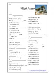 English Worksheet: California Dreaming by The Mamas & The Papas Gap filling