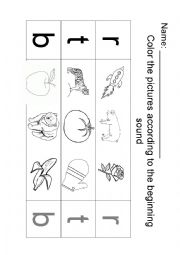 English Worksheet: Beginning sound /r/ /t/ /b/
