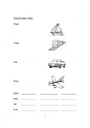 English Worksheet: Match and Write - Plane, Train, Boat, Car