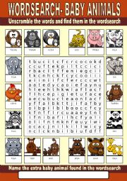 English Worksheet: Baby Animals Wordsearch