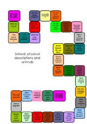 English Worksheet: Board game, school, physical description and animals. Useful for Trinity exam, grades 2 and 3