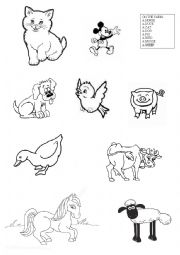 English Worksheet: farm animals coloring and matching