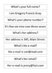 English Worksheet: Personal Information_Memory Game