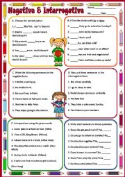 English Worksheet: PRESENT  SIMPLE - NEGATIVE & INTERROGATIVE