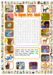 English Worksheet: The Simpsons Series: Animals Wordsearch (Key Included)