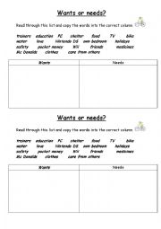 English Worksheet: Wants or needs