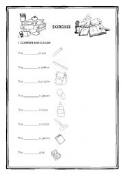English Worksheet: EXERCISES SCHOOL OBJECTS AND COLORS