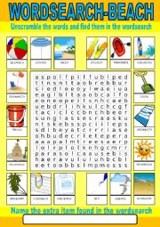 English Worksheet: Beach Wordsearch