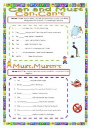 English Worksheet: Can and Must  ( key is included)