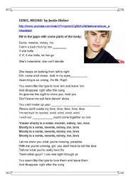 English Worksheet: Eenie meenie song by Justin Bieber(Parts of the body)