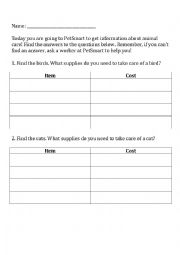 Pet Store Worksheet