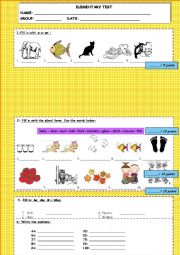 Test/ review worksheet for elementary students: animals, jobs, irregular plurals, verb to be