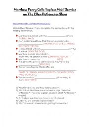 English Worksheet: Matthew Perry Calls Topless Maid Service on The Ellen DeGeneres Show
