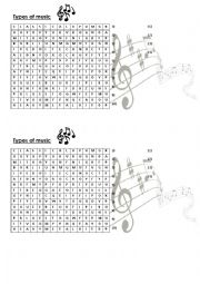 English Worksheet: Word search-Types of music. 