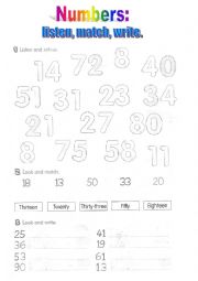 English Worksheet: Numbers: listen, match, write.